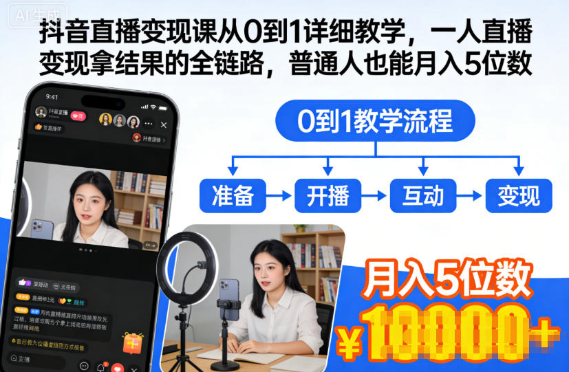 抖音直播变现课从0到1详细教学,一人直播变现拿结果的全链路,普通人也能月入5位数-高东资源网