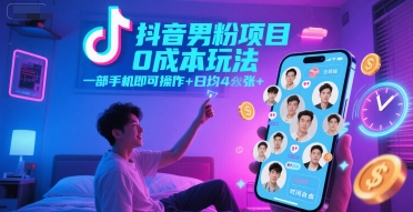 抖音男粉项目0成本玩法，一部手机即可操作，日均4张+，时间自由-高东资源网