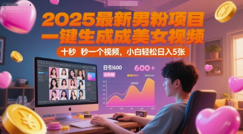 2025最新男粉项目，一键生成美女视频，日引600+色粉 十秒一个视频，小白轻松日入5张【揭秘】-高东资源网
