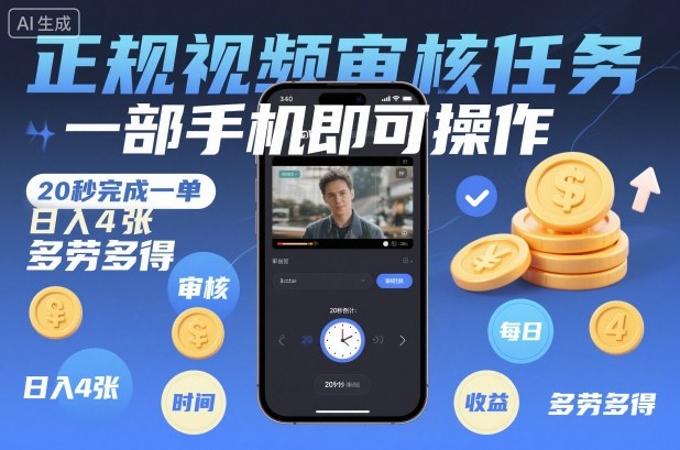 正规视频审核任务,一部手机即可操作,20秒完成一单,日入4张,多劳多得【揭秘】-高东资源网