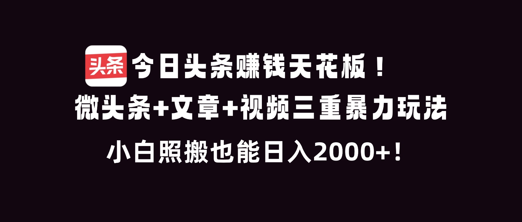 今日头条赚钱天花板！微头条+文章+视频三重暴利玩法，小白照搬也能日人2000+-高东资源网