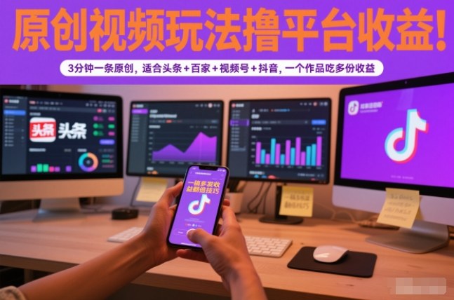 原创视频玩法撸平台收益,3分钟一条原创,适合头条+百家+视频号+抖音,一个作品吃多份收益-高东资源网