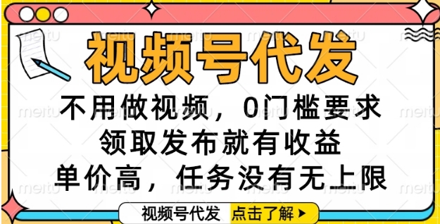 视频号代发，不用做视频，0门槛要求，领取发布就有收益，单价高，任务没有无上限【揭秘】-高东资源网