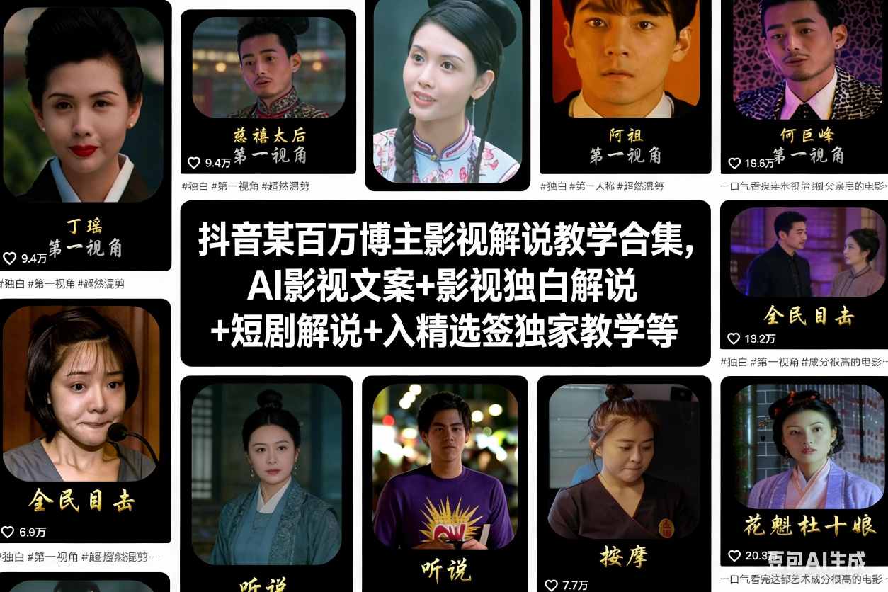 抖音某百万博主影视解说教学合集,AI影视文案+影视独白解说+短剧解说+入精选签独家教学等-高东资源网