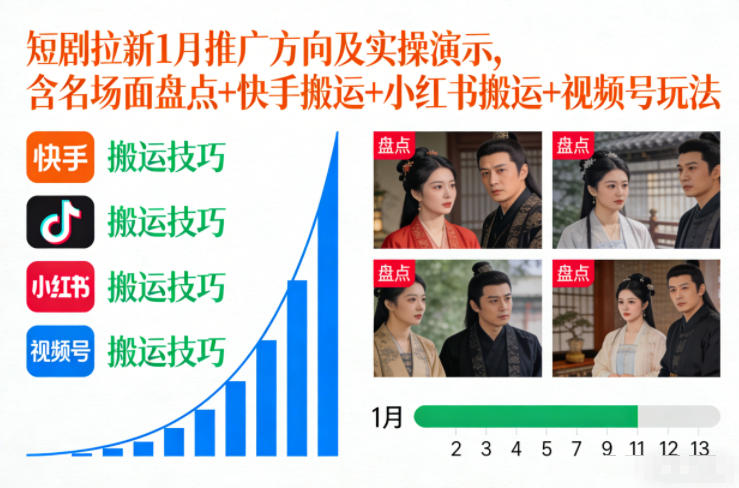 短剧拉新1月推广方向及实操演示，含名场面盘点+快手搬运+小红书搬运+视频号玩法-高东资源网