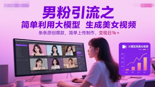 男粉引流之简单利用大模型生成美女视频，条条原创爆款，简单上传制作，变现日1k+-高东资源网