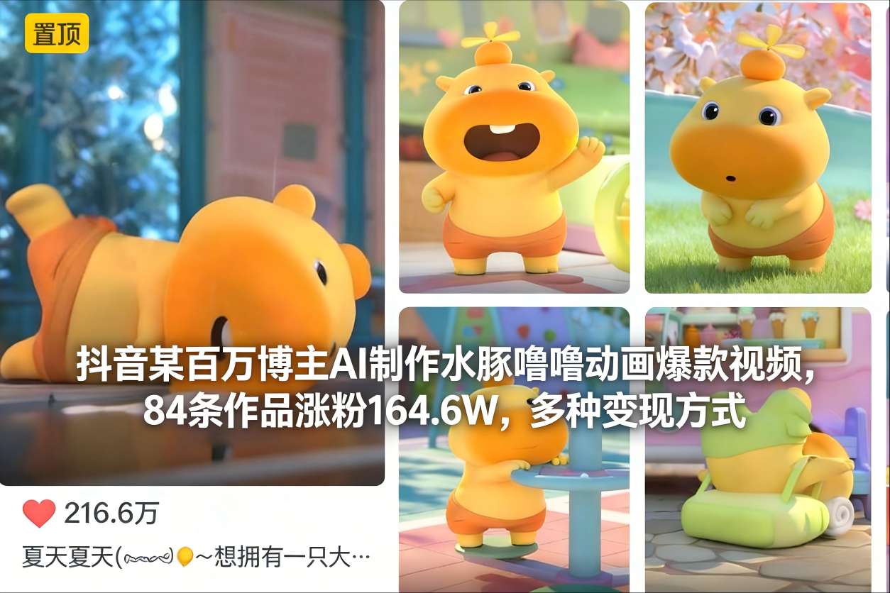 抖音某百万博主AI制作水豚噜噜动画爆款视频，84条作品涨粉164.6W，多种变现方式-高东资源网