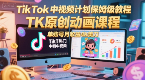 TikTok中视频计划保姆级教程，TK原创动画课程，单账号月收益4k美刀-高东资源网