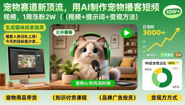 宠物赛道新顶流,用AI制作宠物播客短视频,1周涨粉2W(视频+提示词+变现方法)-高东资源网