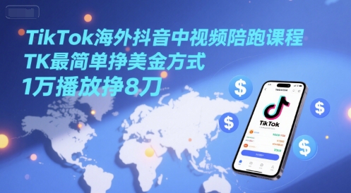 TikTok海外抖音中视频陪跑课程，TK最简单挣美金方式，1万播放挣8刀-高东资源网