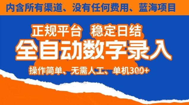 全自动数字录入，单机日入3张+，内含所有渠道全程免费零成本，操作简单可矩阵开干【揭秘】-高东资源网